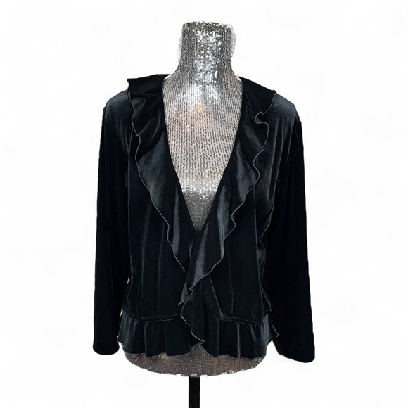 Whimsigoth Black Velvet Ruffle Neckline Peplum Jacket Medium Open Front Gothic‎ - Picture 1 of 6